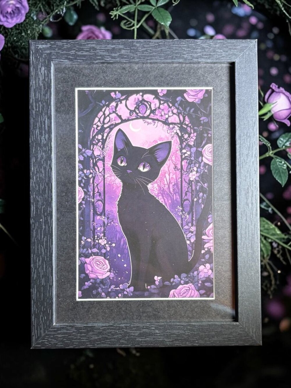 Black Cat & Purple Rose Garden Framed Art | 5x7